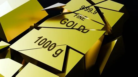 A 3d rendering of shattered gold bullion bar. Stock Illustration