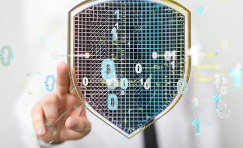 A 3D rendering of shield and binary codes with a hand touching it from the ba Foto stock