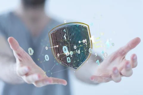 A 3D rendering of a shield with binary codes floating over hands- Secure Acce Stock Photos