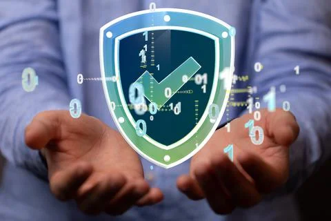 3D rendering of a shield with check and binary codes on a male's hand Foto stock