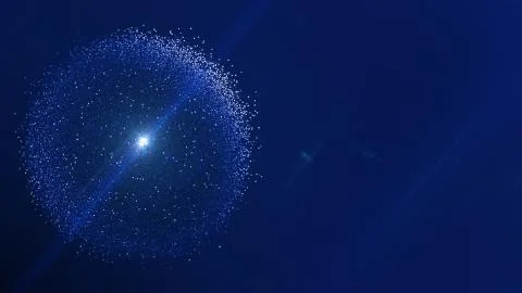 3d rendering. Shining planet on black background. Particles around a big star Stock Illustration