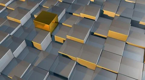 3D rendering of shiny gold cube among silver cubes - concept of distinctivene 스톡 일러스트