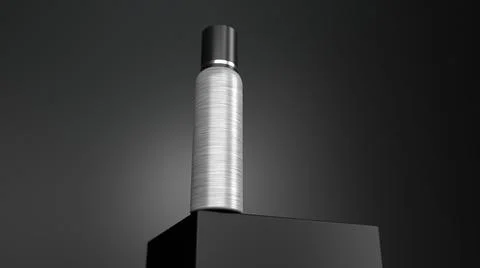 A 3D rendering of a shiny silver cosmetic spray bottle isolated on black cube 스톡 일러스트