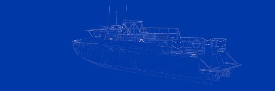 3d rendering of a ship on a blue background blueprint Stock Illustration