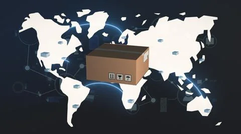 3D rendering of a shipping box against the world map on a dark background 스톡 일러스트