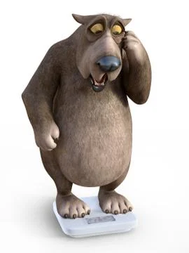 3D rendering of shocked cartoon bear on scales. Illustrazione stock