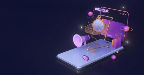 3d rendering of shopping cart and smartphone. Stock Illustration