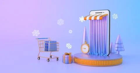 3d rendering of shopping cart and smartphone. Stock Illustration