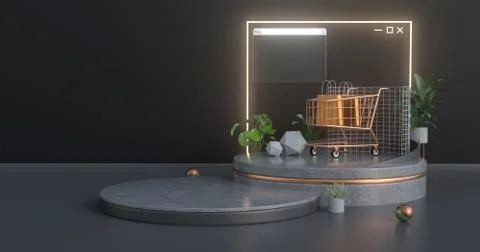 3d rendering of shopping cart and concrete podium. Stock Illustration