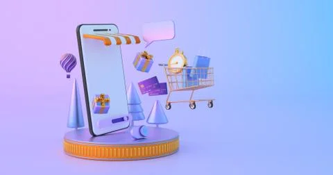 3d rendering of shopping cart and smartphone. Stock Illustration