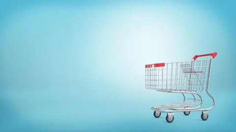 3d rendering of a shopping cart with a red handle isolated on blue background. Ilustración de archivo