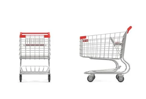 3d rendering of a shopping cart with a red handle in front and side view on Ilustración de archivo