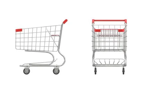 3d rendering of a shopping cart with a red handle in front and side view on Stock-Illustration