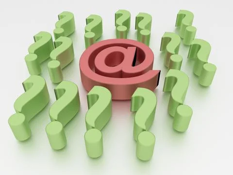 3D rendering of "at" sign and green question marks isolated on a white backgroun Stock Illustration