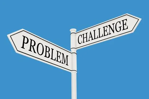 3D rendering of a sign post with arrows of problem and challenge Stock Illustration