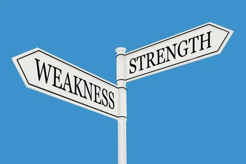 3D rendering of a sign post with arrows of strength and weakness Stock Illustration