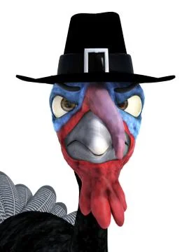 3D rendering of a silly angry toon turkey wearing pilgrim hat. Stock Illustration