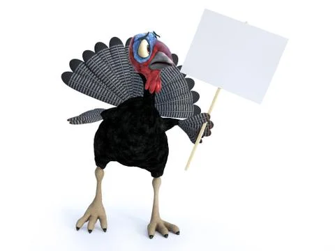 3D rendering of a silly toon turkey looking at blank sign. Stock Illustration