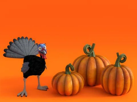 3D rendering of a silly toon turkey with pumpkins. Stock Illustration