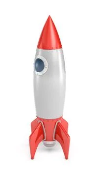 3d rendering of a silver and red rocket ship with a round porthole standing on a Stock Illustration