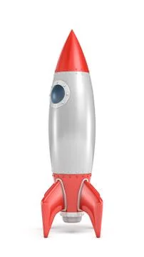 3d rendering of a silver and red rocket ship with a round porthole standing on a Stock-Illustration