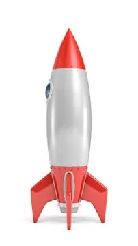 3d rendering of a silver and red rocket ship with a round porthole standing on a Stock Illustration
