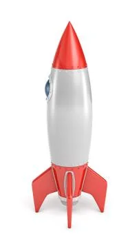 3d rendering of a silver and red rocket ship with a round porthole standing on a Stock Illustration