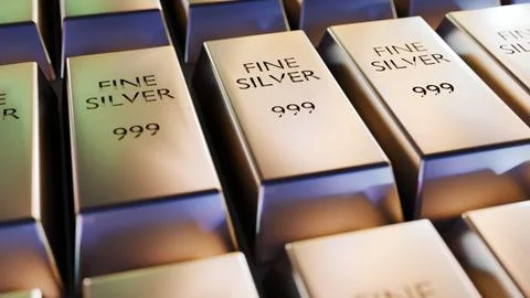 A 3d rendering of silver bullion bars stamped with the text "FINE SILVER" Illustrazione stock