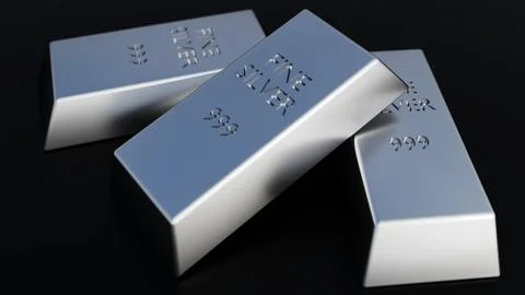 A 3d rendering of silver bullion bars stamped with the text "FINE SILVER" Illustrazione stock