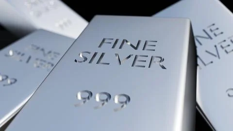 A 3d rendering of silver bullion bars stamped with the text "FINE SILVER" Illustrazione stock