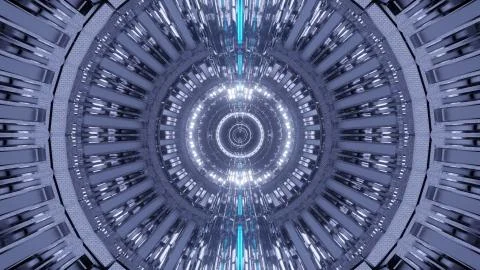 3D rendering of a silver cosmic portal with laser lights Illustrazione stock
