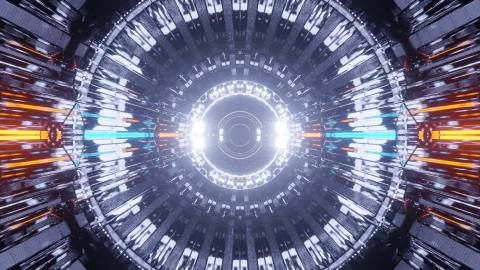 3D rendering of a silver cosmic portal with laser lights 스톡 일러스트