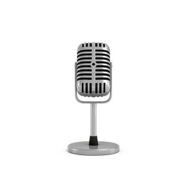 3d rendering of a silver metal retro tabletop microphone with a round base. Stock Illustration