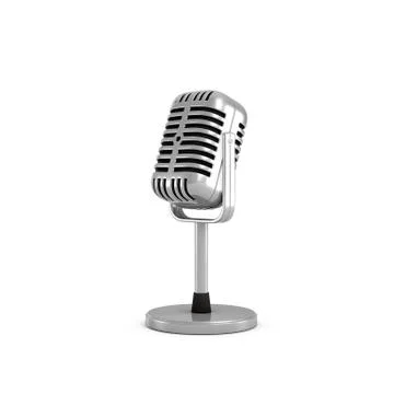 3d rendering of a silver metal retro tabletop microphone with a round base. Ilustración de archivo