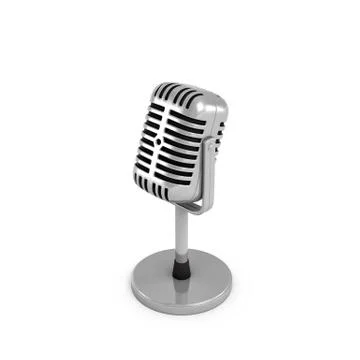 3d rendering of a silver metal retro tabletop microphone with a round base. Stock Illustration