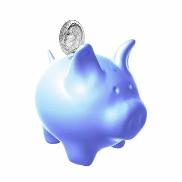 A 3D rendering of a silver nickel falling into a blue piggy bank isolated on  Stock Illustration