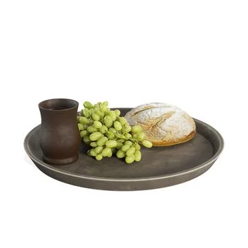3D rendering of a silver platter featuring grapes, bread and a cup isolated on a Stock Illustration