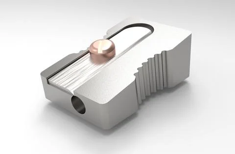 3D rendering of simple metallic pencil sharpener on white background. Close.. Stock Illustration