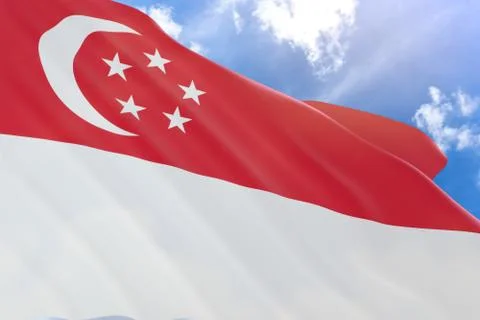 3D rendering of Singapore flag waving on blue sky background Stock Photos
