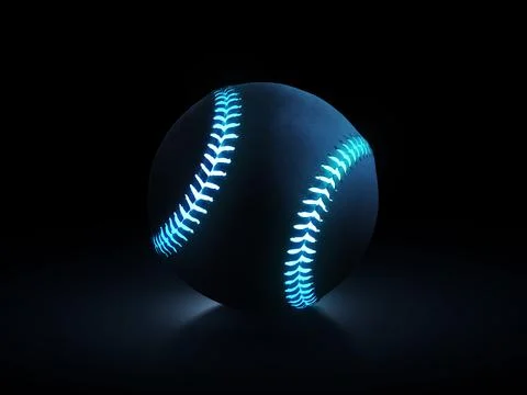 3D rendering of single black baseball ball with bright blue glowing neon line 스톡 일러스트