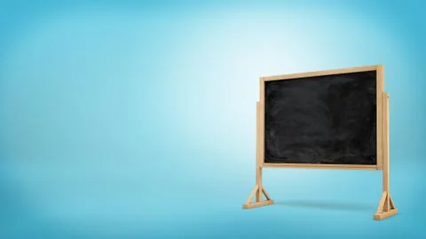 3d rendering of a single black chalkboard with white smudges stands on a wooden Stock Illustration