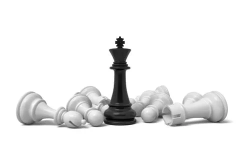 3d rendering of a single black chess king stands among many fallen white chess Stock Illustration