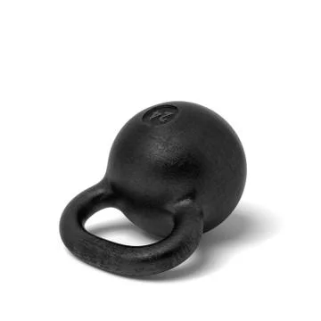 3d rendering of a single black iron 24 kg kettlebell lying on its side. Stock Illustration