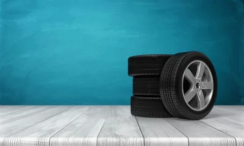 3d rendering of a single car tire leaning on three tires standing on a wooden Stock Illustration