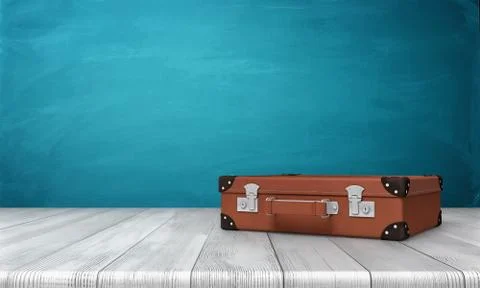 3d rendering of single closed and buckled brown suitcase resting on a wooden Stock Illustration
