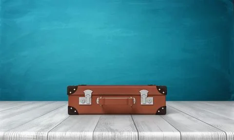 3d rendering of single closed and buckled brown suitcase resting on a wooden Ilustración de archivo