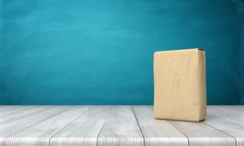 3d rendering of a single closed cement bag vertically placed on a wooden desk on Stock Illustration