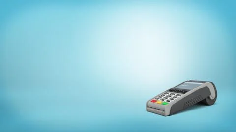 3d rendering of a single credit card terminal stands in a side view on a blue Stock Illustration