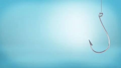 3d rendering of a single large silver hook hangs from a string without any catch Illustration