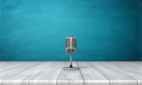 3d rendering of a single metal retro microphone placed on its short stand over a Stock Illustration